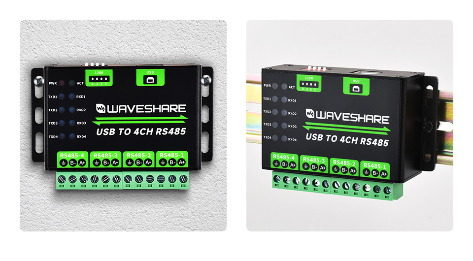 USB TO 4CH RS485 支持壁挂和导轨安装