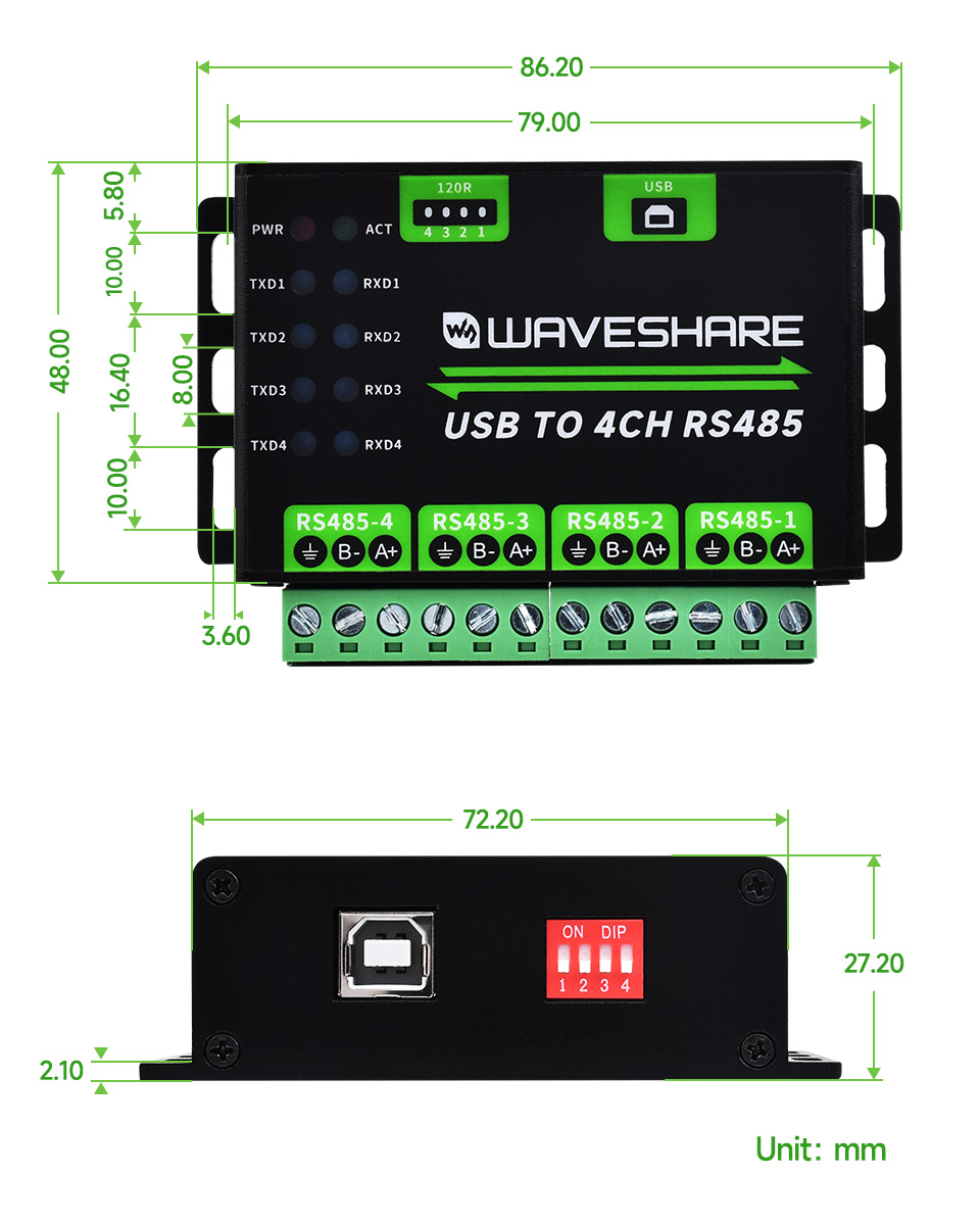 USB TO 4CH RS485 产品尺寸