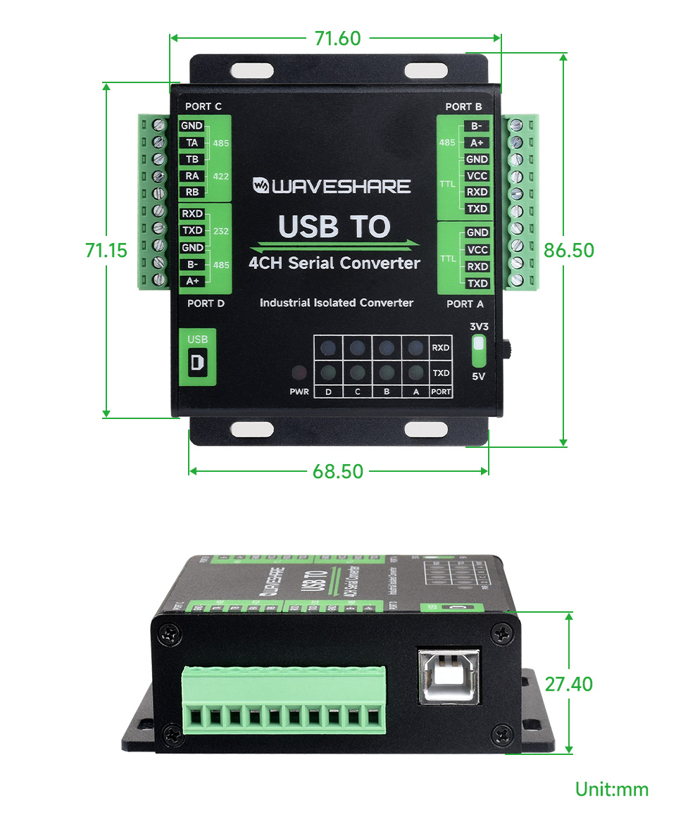 工业级 USB 转 4 路多功能串口产品尺寸