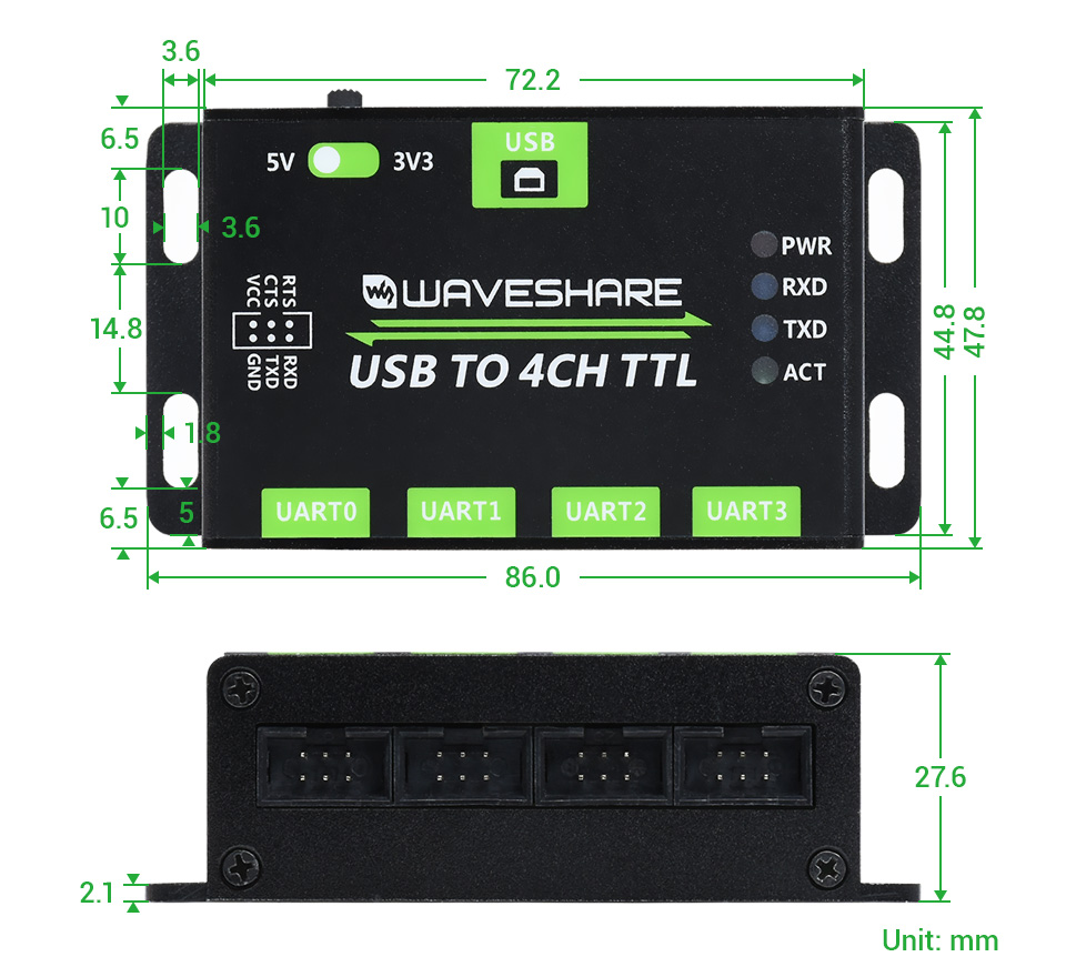工业级 4 路 USB 集线器产品尺寸
