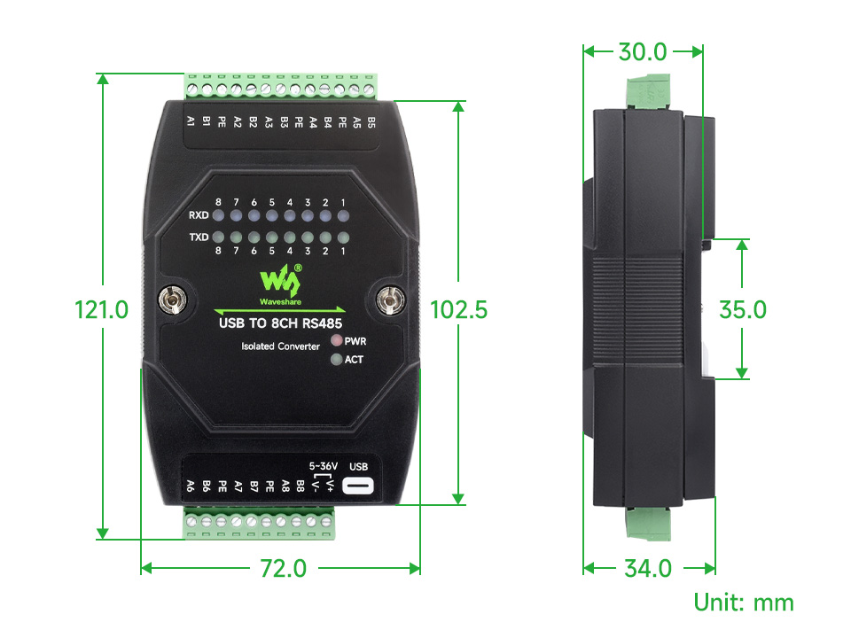 USB TO 4CH RS485 产品尺寸