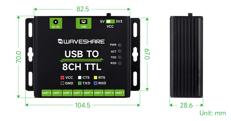 工业级 8 路 USB 集线器产品尺寸