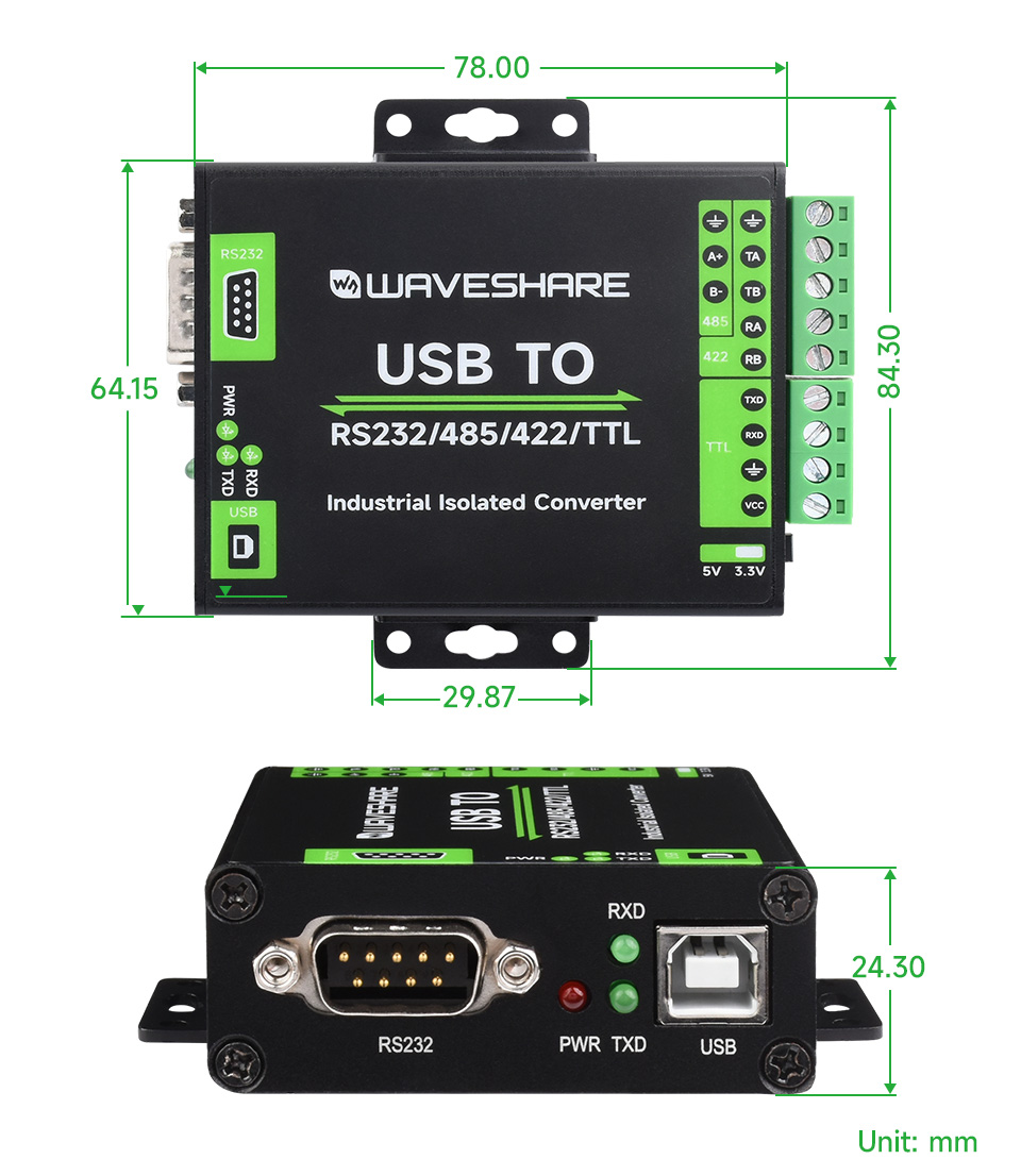 工业级隔离型 USB 转换器产品尺寸