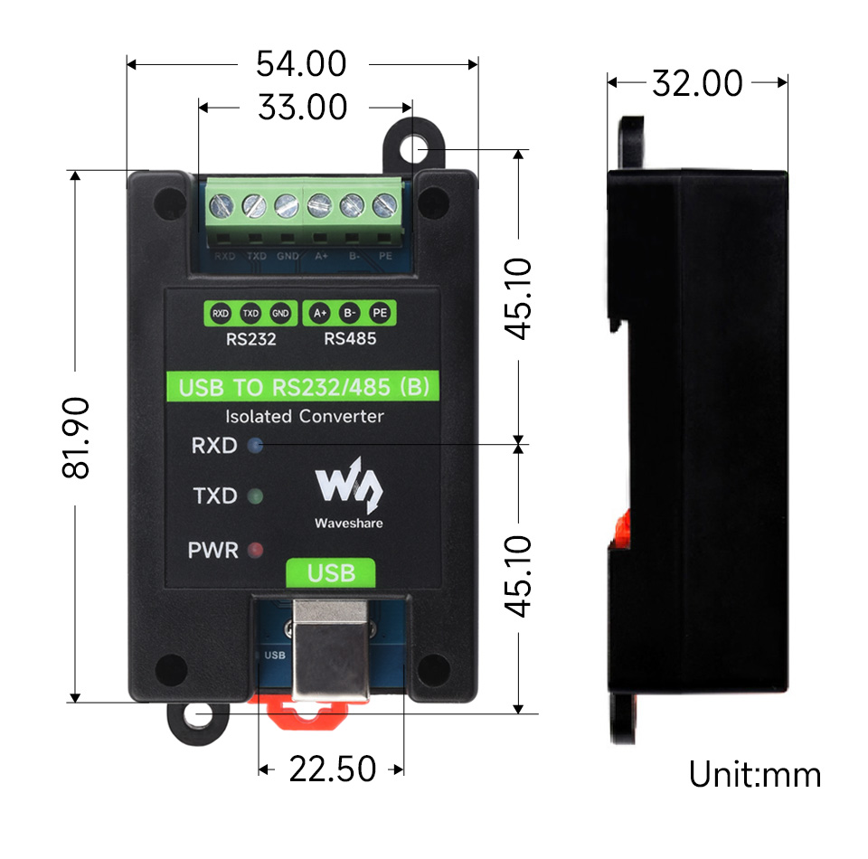 USB 转 RS232/485 工业级隔离型转换器产品尺寸