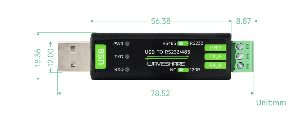 USB 转 RS232/485 串口转换器产品尺寸