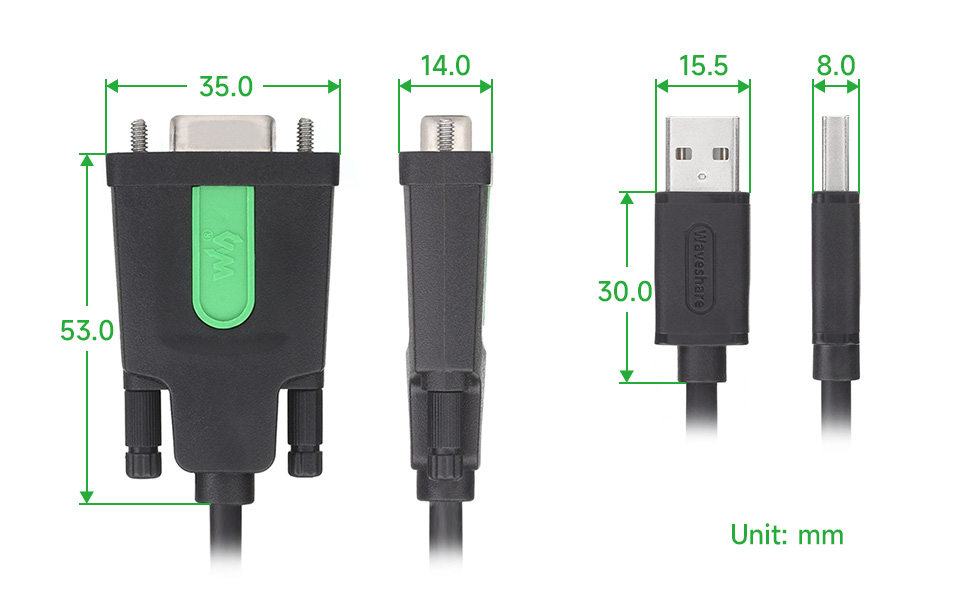 USB 转 RS232 DB9 公头/母头串口线产品尺寸