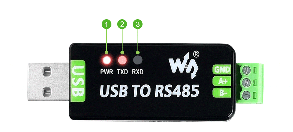 工业级 USB 转 RS485 转换器工作状态指示灯