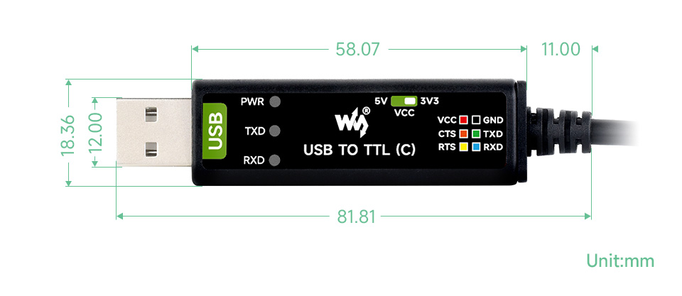 工业级 USB 转 TTL 串口线产品尺寸