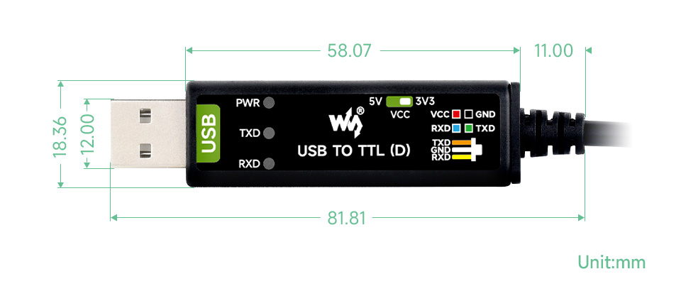 工业级 USB 转 TTL 串口线产品尺寸