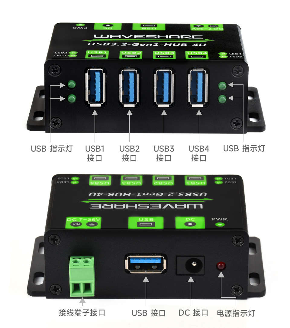 USB3.2集线器,一拖四口USB扩展器接口简介，接口介绍，包括USB指示灯，4个USB接口，接线端子接口，USB输入口，DC接口，电源指示灯等。
